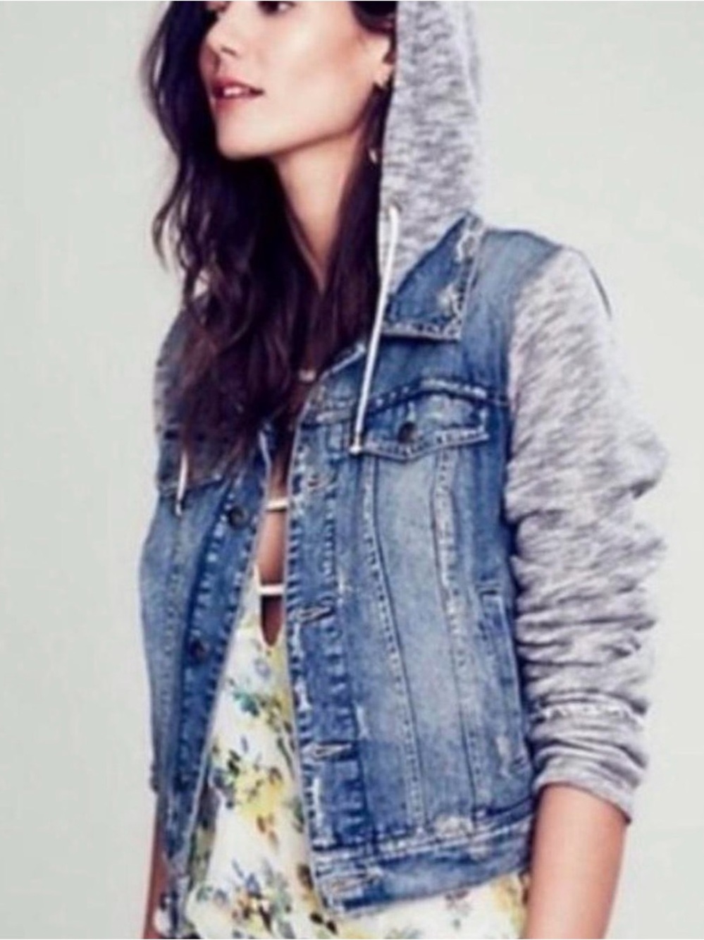 Free People Blue Denim Jacket Gray Hoodie Sleeves Mixed Crop distressed jean S